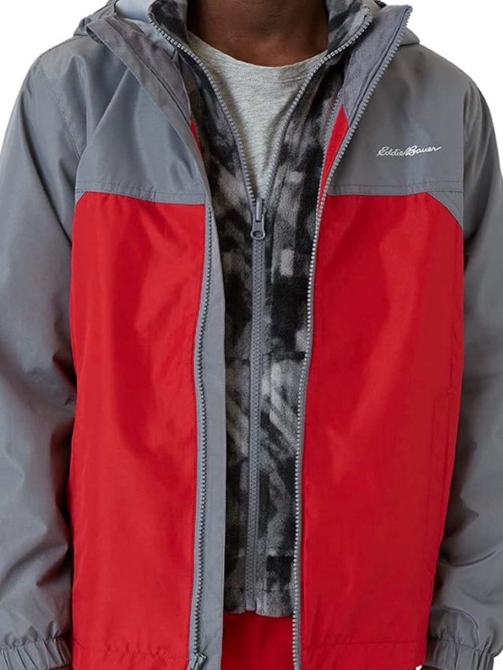 Eddie Bauer Kids 3 in 1 Hooded Rain Jacket Fleece Lined Red Gray M 10/12